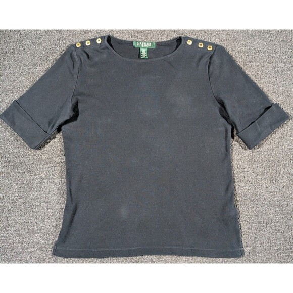 Lauren Ralph Lauren Women's Size PM Black Top Button Shoulders Cuffed Sleeves - Picture 2 of 7